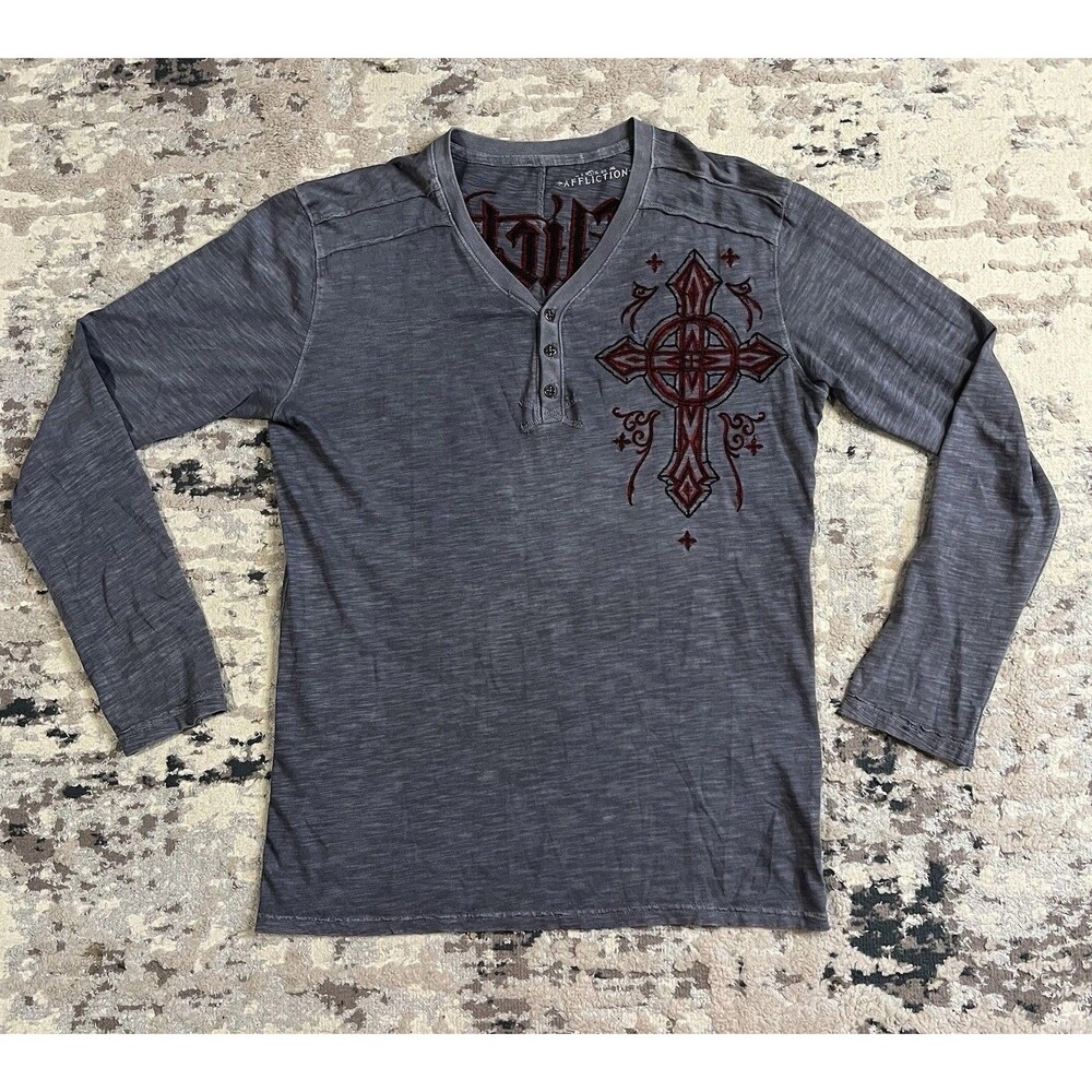 Affliction Mens Henley Size L Gray Grunge Cross Skull Angel Wings Long Sleeve